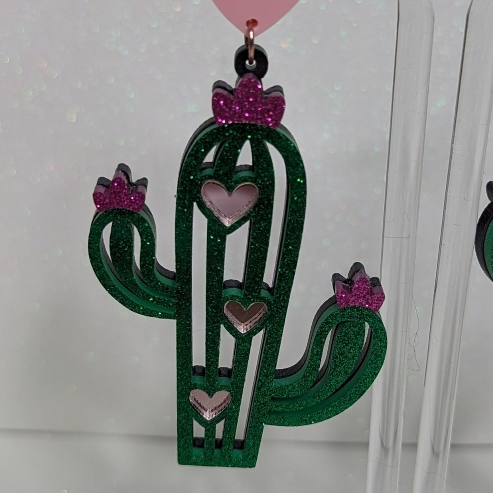 Cactus Valentine's Day Pink Glitter Heart Drop Earrings - Picture 5 of 5